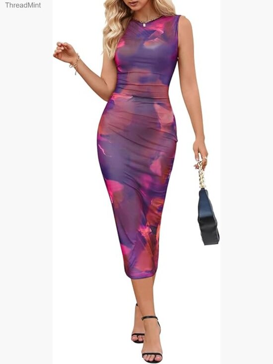 Dresses & Skirts - Sleeveless Bodycon Mesh Maxi Dress - Tie Dye Party